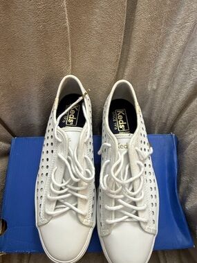 Keds White Leather Platform Perforated Lace-Up Sneakers with Gold Trim